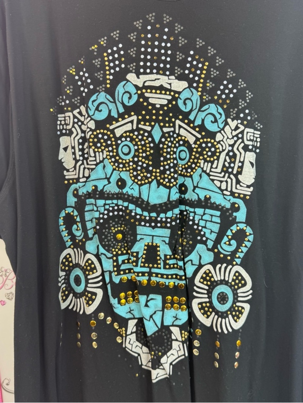 T-shirt skull studded gold Black Short-Sleeve Graphic Tee with Teal Aztec Motif - Picture 3 of 9